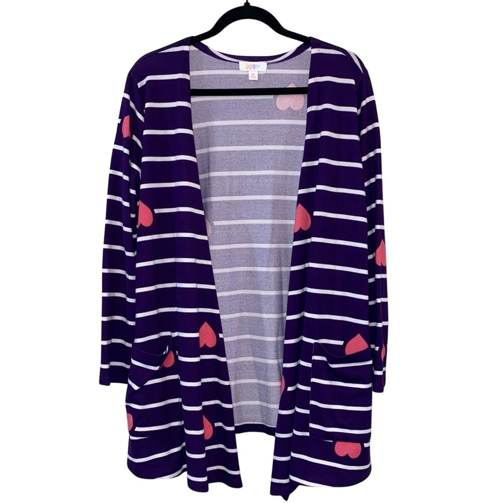LuLaRoe Sarah Cardigan‎ Medium Purple Stripe Heart Print Long Open Front Duster